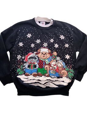 Vintage Small Christmas Sweatshirt Crewneck Animal Puff Print Snowflakes Granny